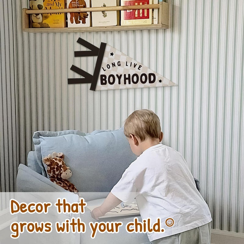 SJDFCSA Boys Room Decor, Long Live Boyhood Wall Hanging Pennant Flag Banner, Preppy Neutral Beige Checkered Wall Decorations for Kids Boys Toddler Nursery Room Bedroom Playroom Decor - Image 3